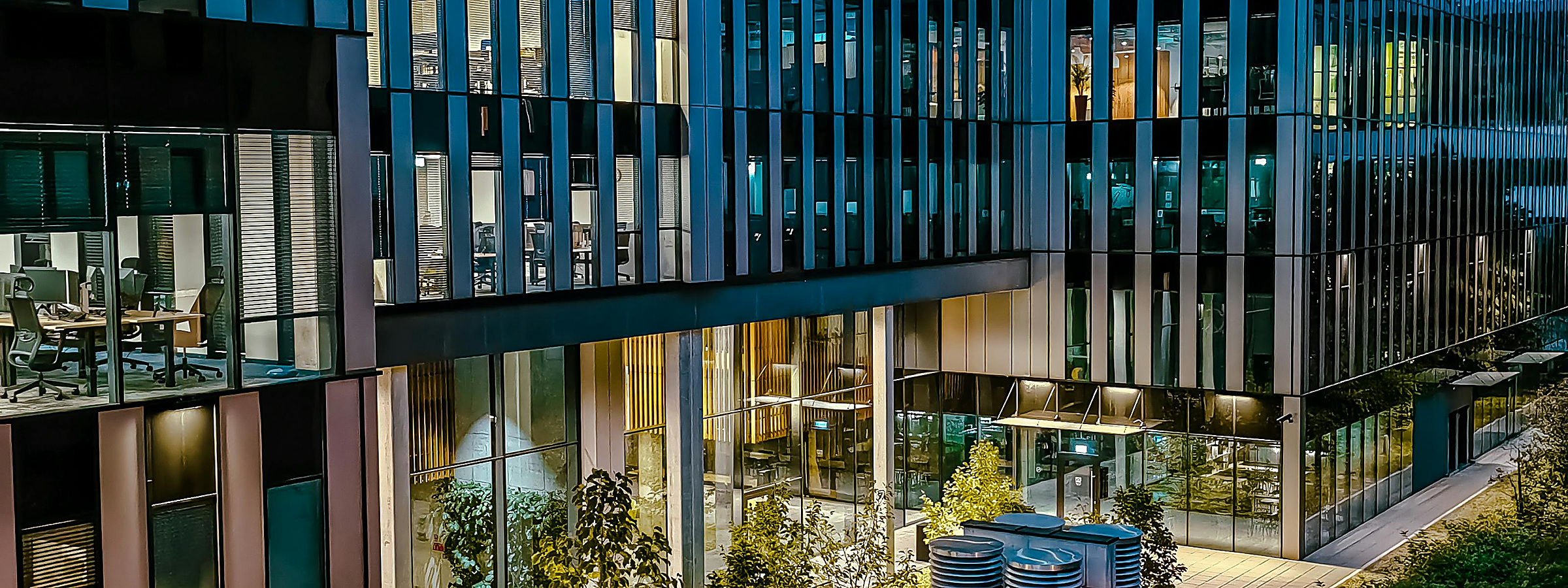 A modern technology park at dusk
